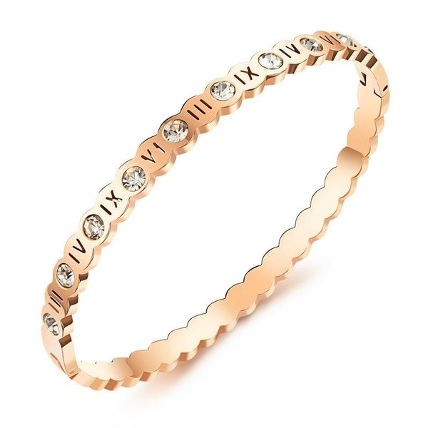 Super glitzernder, modischer Luxus-Designer-Armreif mit Diamanten und römischen Ziffern für Damen und Mädchen, 16 cm, roségoldener Titanstahl