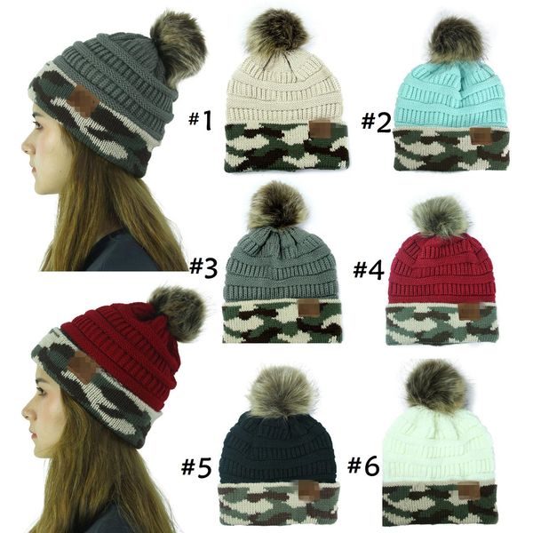

fashion trend arrival women lady knitted cap cc skullies hat camouflage hem cap autumn winter warm hat heavy hair ball caps fa3191