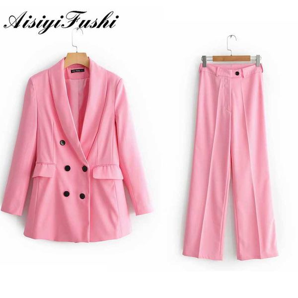 

aisiyifushi 2 шт брюки комплекты лета женщин костюм офиса двойной грудью женщина костюм куртка двухкусочный blazer set women pink, White;black