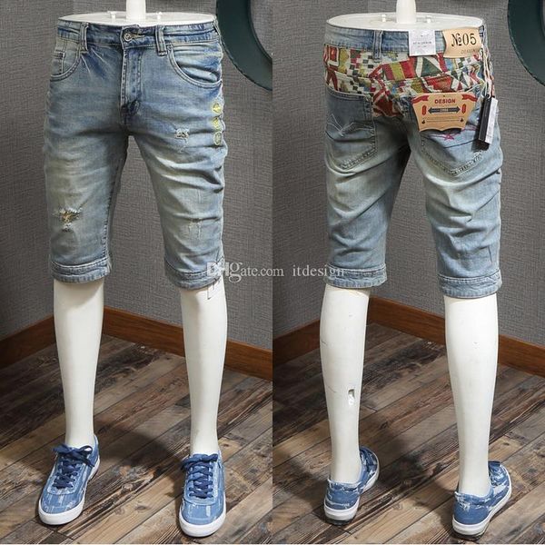 

size 38 stetch denim shorts men embroidery applique patchwork splice distressed fit vintage blue jean shorts, White;black