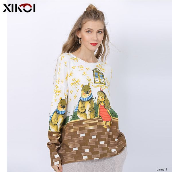 

женский дизайнерский свитер большого размера женский милый медведь девушка цифровая печать пуловер свободный свитер tideh, Black;brown