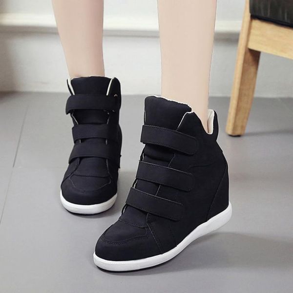 

winter women boots round toe increased leather ankle boots fashion casual wedges heel shoes 2018 hook women shoes, Black