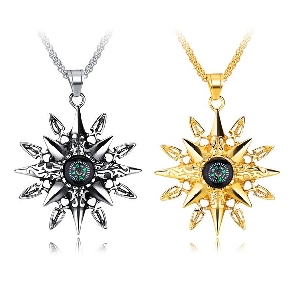 

necklace pendant for men stainless steel titanium sliver gold compass hip-pop punk necklace men jewelry necklace for mens gifts, Silver