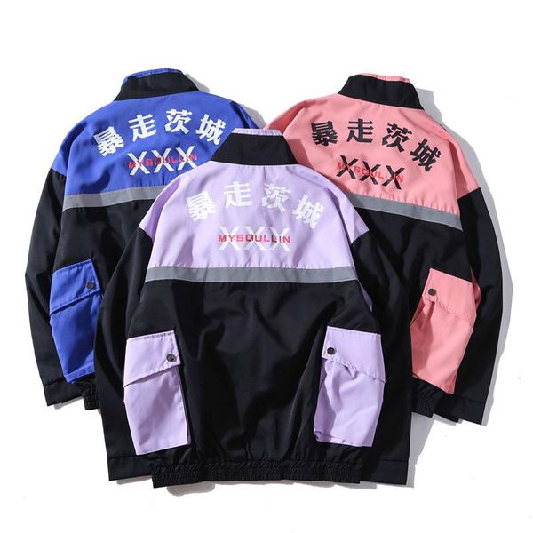 

3m o-neck character side pockets fashion reflective windbreaker track streetwear bomber jackets mens hip hop zip stripe coats size m-2xl, Black;brown