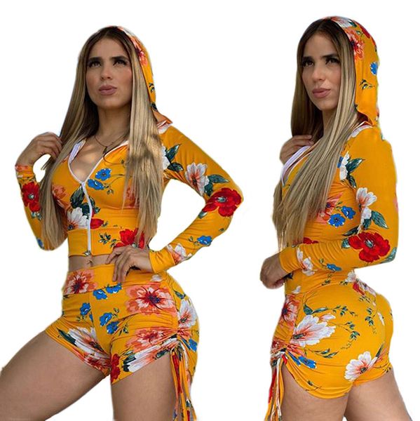 

dhl women floral shorts set summer 2 piece tracksuit fashion flowers print zip jacket zipper coat crop shorts outfits clothes d52206, White