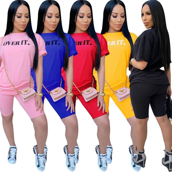 

women casual 2 piece set short sleeve sweatsuit letter print t shirt+mini shorts summer clothes solid color sportswear slim jogger suit 2755, White