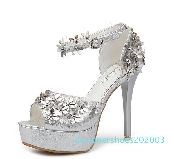 

elegant flower bride wedding shoes high heel ankle strap platform pumps gold silver size 34 to 39 d03, Black