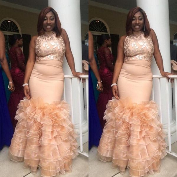 

african plus size prom dresses appliques high neck lace ruffles tiered floor length formal mermaid evening dresses cocktail party gowns, Black