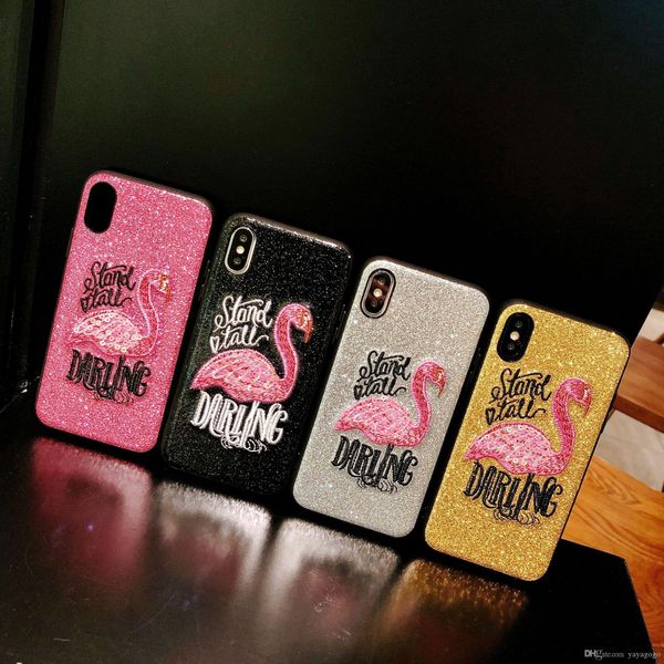 

wholesale retail sales promotions embroidered flamingo mobile phone fashion case bling bling shinning cover for iphone water proof case