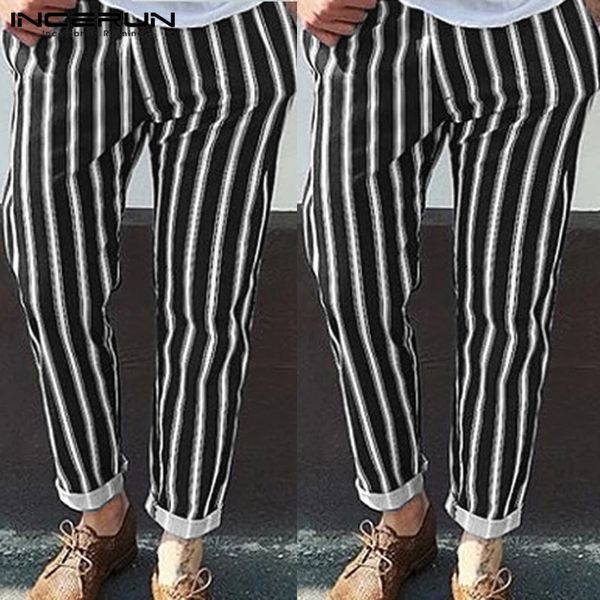 

incerun men striped fashion casual pants british retro slim joggers sweatpants streetwear mens stretch elastic pencil trousers, Black