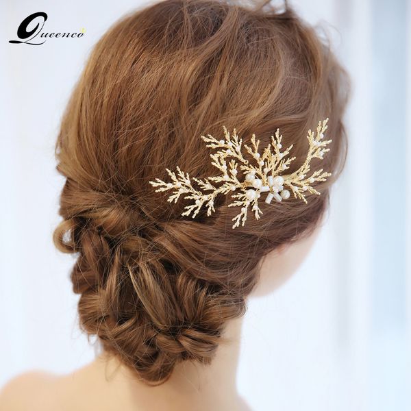 

queenco golden leaves bridal hair comb pearls wedding hair accessories bridal hair clips gift for girls party jewelry, Golden;white