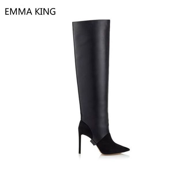 

black zip long boots high heel 10 cm flock pointed toe over-the-knee boots shiny patent leather thigh high for women