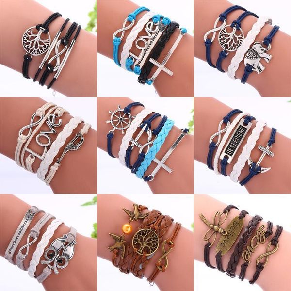 

mix designs leather bracelet handmade infinity charm bracelets for women men vintage knitted bracelet beads wholesale, Golden;silver