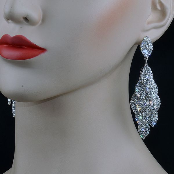

chran bridal jewelry unique exaggerated silver crystal sparkling rhinestone luxury dangle long drop big earrings for women