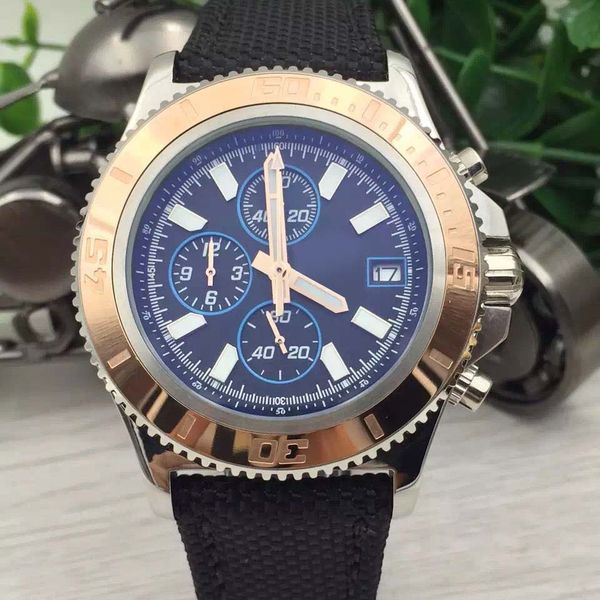 

42mm mens watches superocean chronometer br 1884 chronomat colt quartz gold steel bezel aerospace black dial fabric strap man wristwatches, Slivery;brown