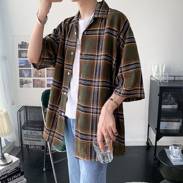 

men's casual shirts 2021 summer youth color matching lattice five-point sleeve shirt fashion loose jacket blue/green, White;black