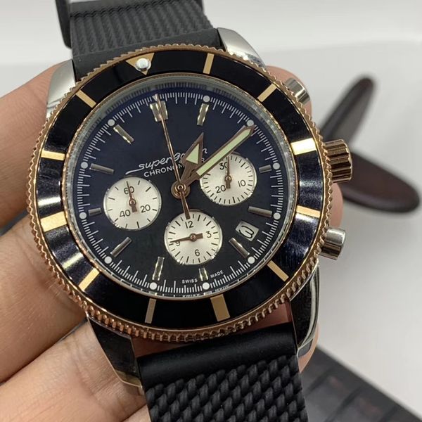 

rotating bezel 1884 superocean quartz chronograph date mens watches rubber band diver watch black dial index hour markers wristwatches, Slivery;brown