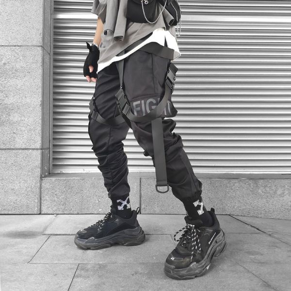 

Januarysnow Hip Hop Ribbons Black Letter Cargo Pants Men's Tactical Joggers Sweatpant Loose Industri Pencil Trousers Casual Track Streetwear