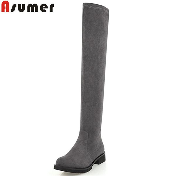 

asumer black fashion autumn winter boots round toe over the knee boots square heel flock ladies thigh high plus size 33-46