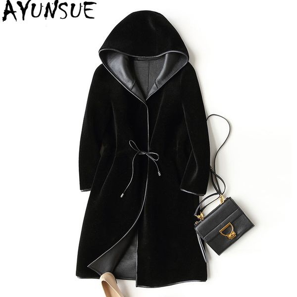 

ayunsue 2018 шерсть real шуба для женщин зимних овец куртки и пальто с капюшоном длинные pu кожа подкладка шинель 17952 wyq757, Black