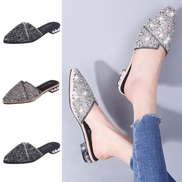 

shoes ladies fashion pointed low heels sandals fashion new casual shiny beach shoes wild lady 2020 new, Black