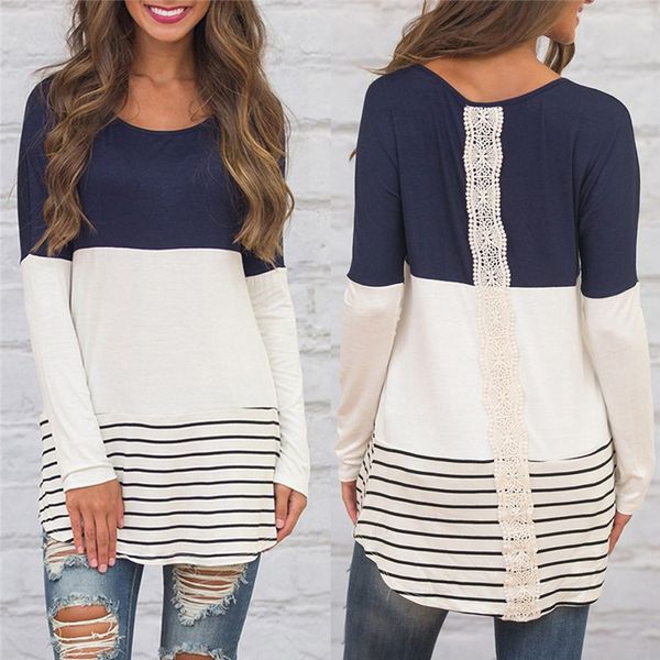 

women blouses fashion back lace blouse stripe long sleeve blouse tunic shirt jumper blusas camisas mujer, White