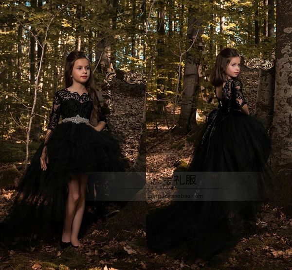 

2019 black glitz little girls pageant dresses jewel neck lace applique hi-lo girls pageant dresses for kids girls birthday gowns party gowns, White;red