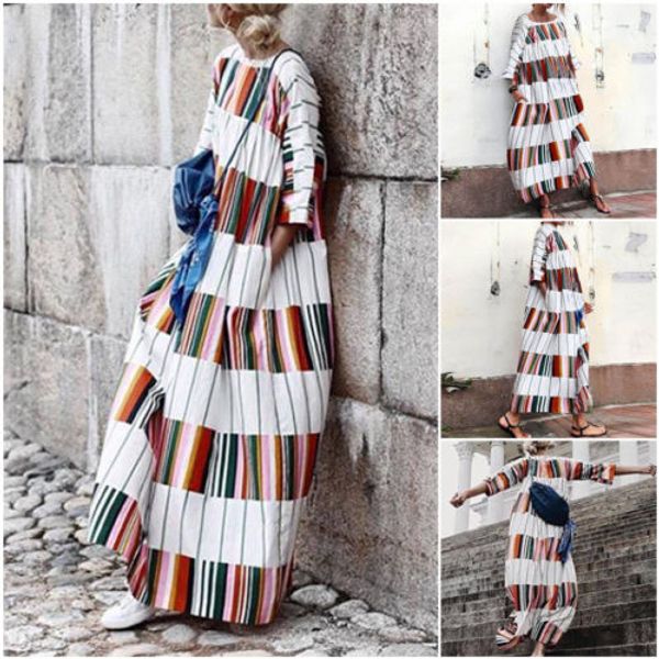 

новая мода женщины нашивки платья партии vintage багги полосатый длинные maxi весна осень lady повседневный сыпучие платье негабаритные sund, Black;gray