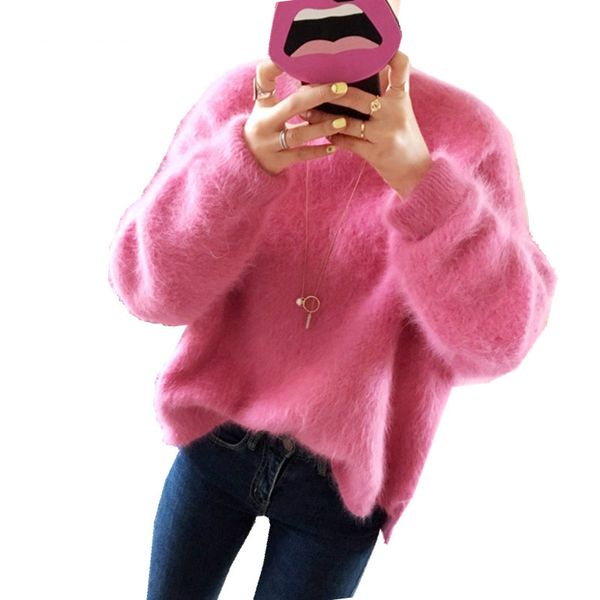 

korean women solid faux mink cashmere plush sweater autumn winter pullover knitted loose side split sweater jumper top, White;black