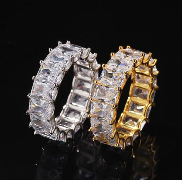 Hip Hip Sigle Row Iced Out 360 Eternity Gold Bling Ringe Micro Pave Zirkonia 14K vergoldeter Hip-Hop-Ring mit Geschenkbox