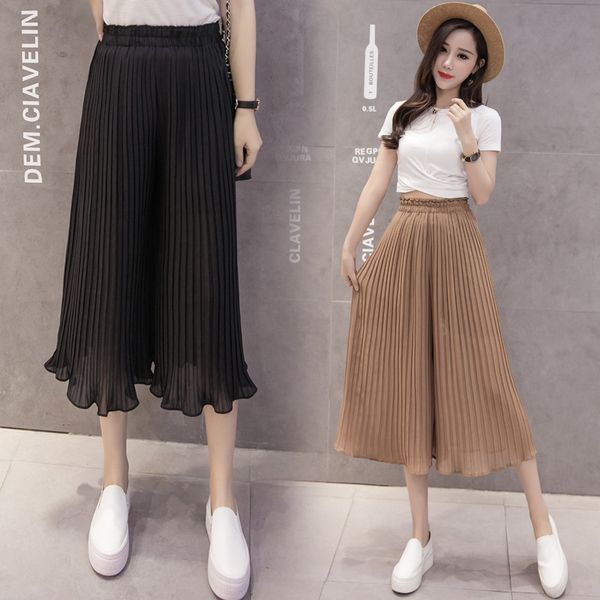

new leisure nine points pleated chiffon pants black falbala straight wide-legged pants elastic waist is female, Black;white