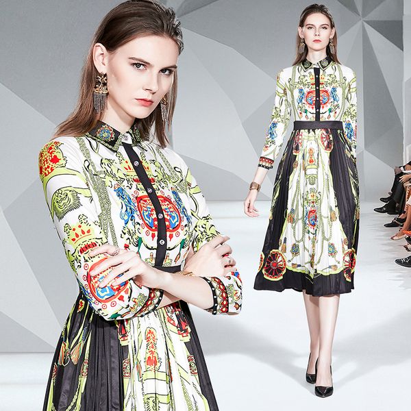 

2020 luxury button shirt designer dress women long sleeve lapel neck floral party prom ladies runway dress elegant office pleated dresses, Black;gray