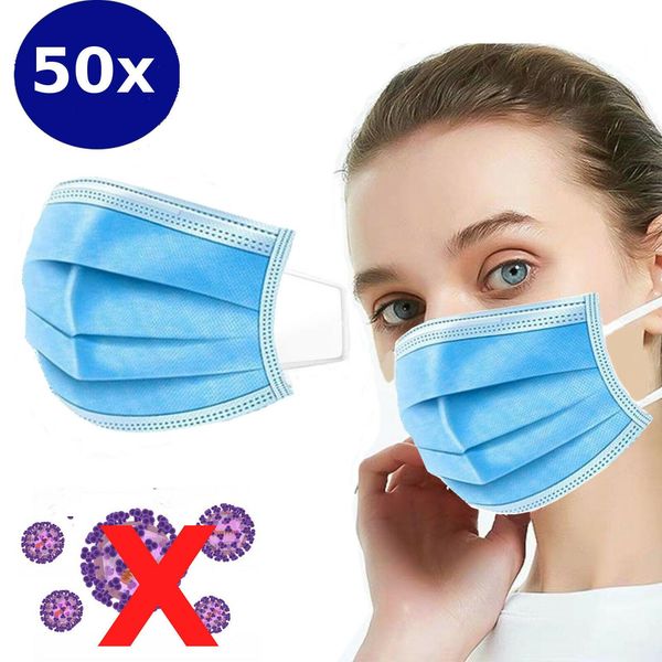 

50 x disposable mask respiratory protection mask face mouth protection 3 ply blue bike outdoor home use