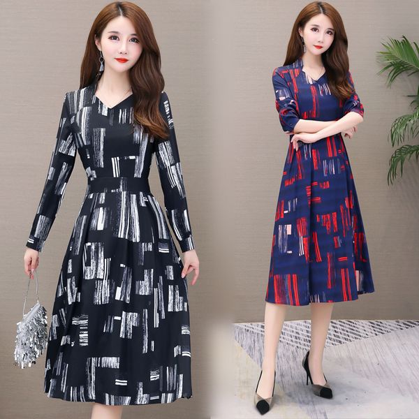 

корейский стиль 2019 осень новый стиль одежды fat мм большой размер женщин платья женщин мода элегантный printed большой подол платья, Red