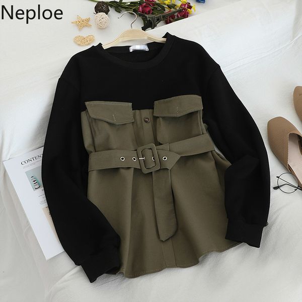 

neploe o neck patchwork fake two piece hoodies slim waist belt pullovers slim fit fashion long sleeve sweatshirt autumn spring, Black