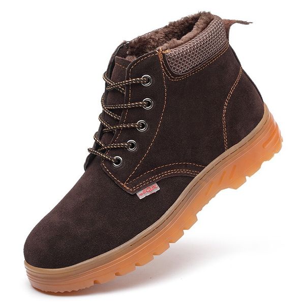 

men fashion large size steel toe caps working safety shoes warm fur winter security ankle boots soft leather zapato de seguridad, Black