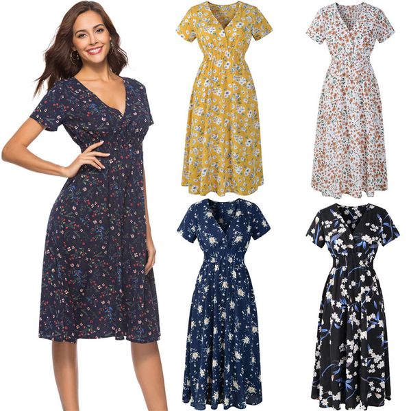

flora printed women dresses spring casual fresh sweet loose long sleeved dark v neck dresses fashion women dresses, Black;gray