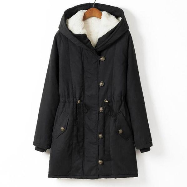 

winter outdoor chic women solid color long sleeve drawstring hooded cotton padded coat outwear, Black;red