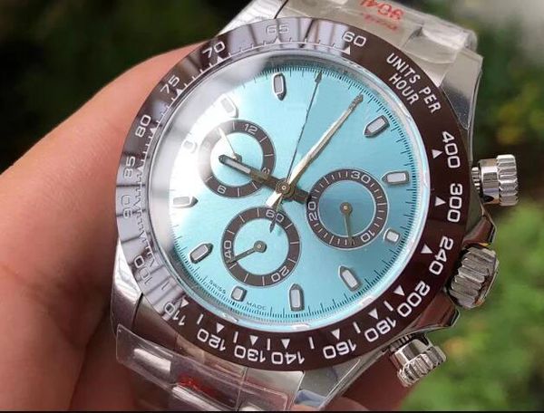 Mens Best Full 904L Steel Watch Mens Chronograph Watches Automatic Cal.4130 Cosmograph Ghiaccio quadrante in ceramica blu Sport 116500LN Eta Orologi da polso