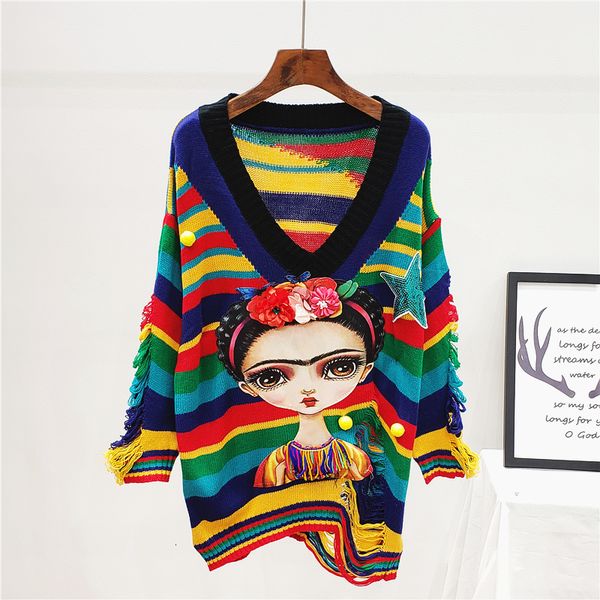 

harajuku sweater for women loose pull femme female hole stripe knitwear autumn and winter fashion rainbow knitted sweaters, White;black