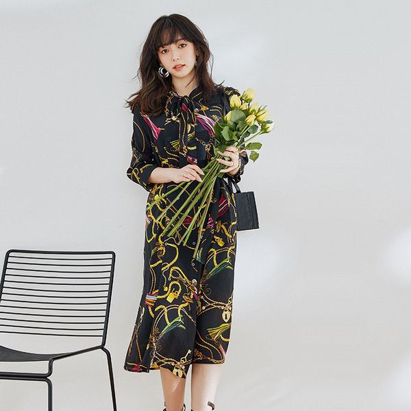 

casual dresses [rongtai] 2021 summer bohemian silk printed temperament long mulberry dress female, Black;gray