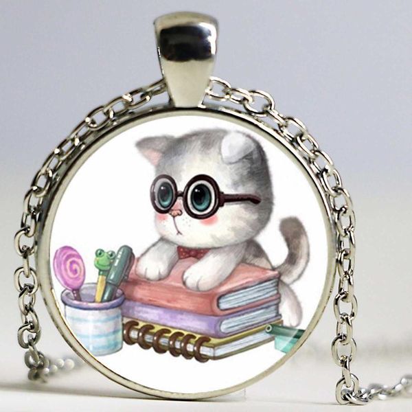 

pendant necklaces lovely cat with glasses necklace cartoon love learning pet kitten art po glass cabochon jewelry for women, Silver
