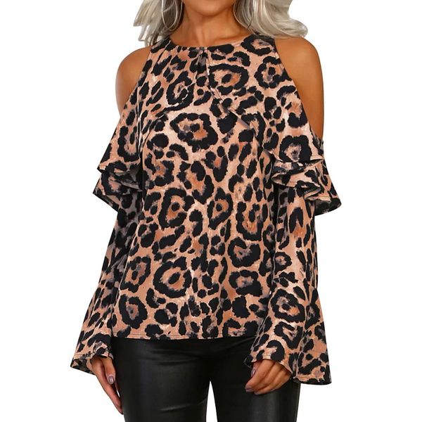 

brown lady high neck blouses leopard print pullovers strapless long sleeve tee 2019 casual women blouse camisa feminina, White