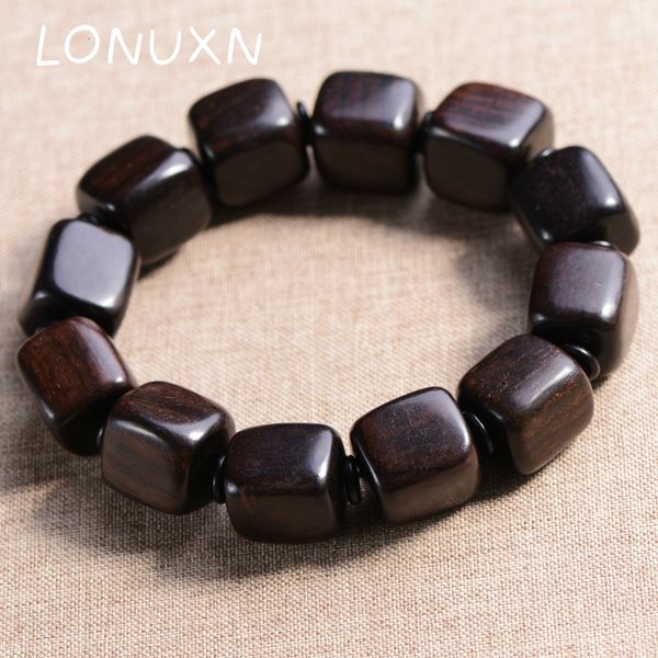 

black wood mala handmade lucky simple natural ebony punk square beads charm bracelet for men bracelet for women gift, Golden;silver
