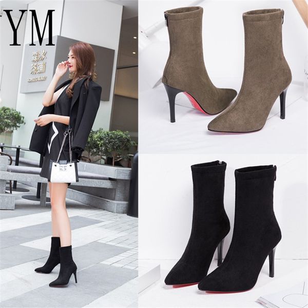 

new women sock boots pointed toe elastic high slip on heel high ankle pumps stiletto botas mujer boots zapatos muje 2018, Black