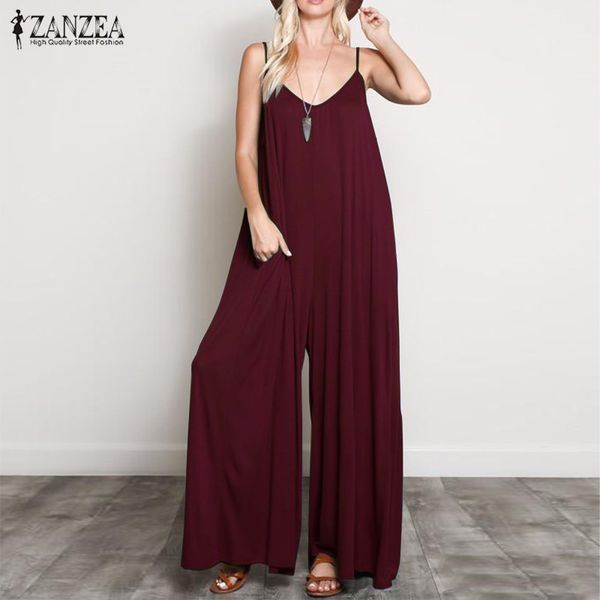 

2019 plus size zanzea summer women solid sleeveles party jumpsuits deep v neck wide leg pants rompers playsuits female 5xl, Black;white