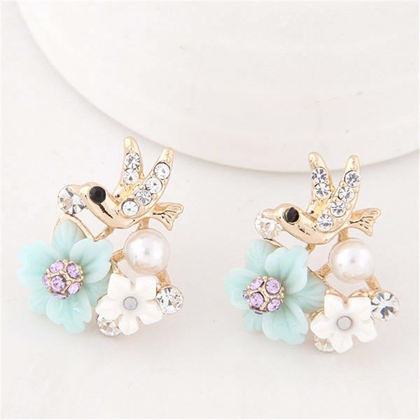 

xiacaier stud earrings female bird flower rhinestone imitation pearls stud earrings brincos earings fashion jewelry party aretes, Golden;silver