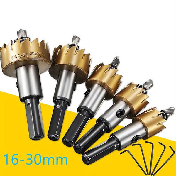 

5pcs carbide tip hss hole saw drilling set stainless steel metal wood cutter tool 16-30mm for installing locks power accessories