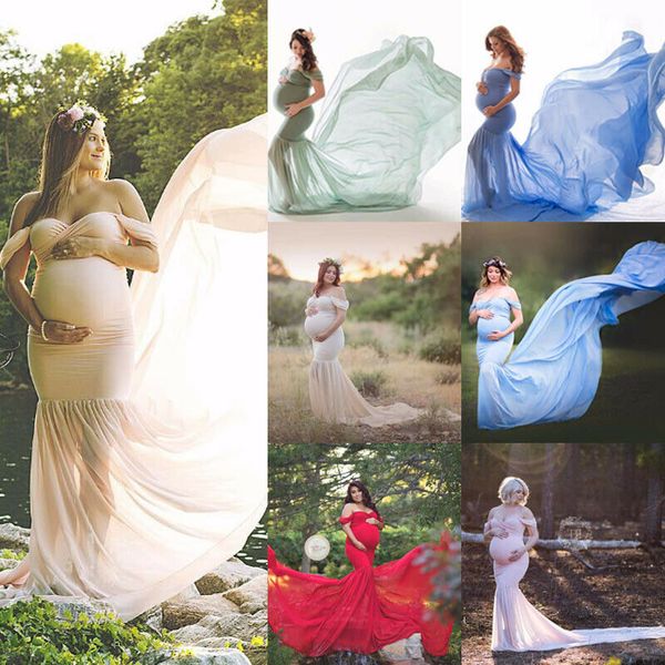 

women summer maternity lace off the shoulder dress pregnant pgraphy props solid maxi dresses, Black;gray