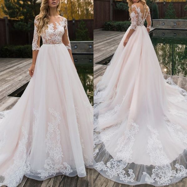 

elegant lace appliques wedding dress half sleeve jewel neck covered button sweep train a line bridal gown, White
